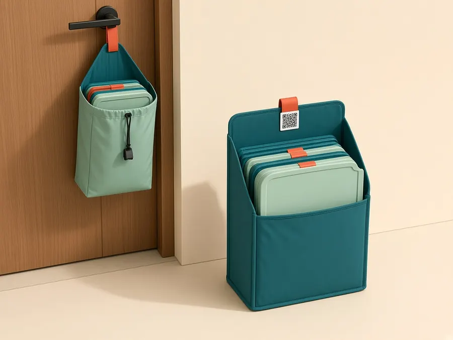 Concept render of an Empties Caddy by a front door holding folded containers, and a doorstep return bag hanging on the door handle.