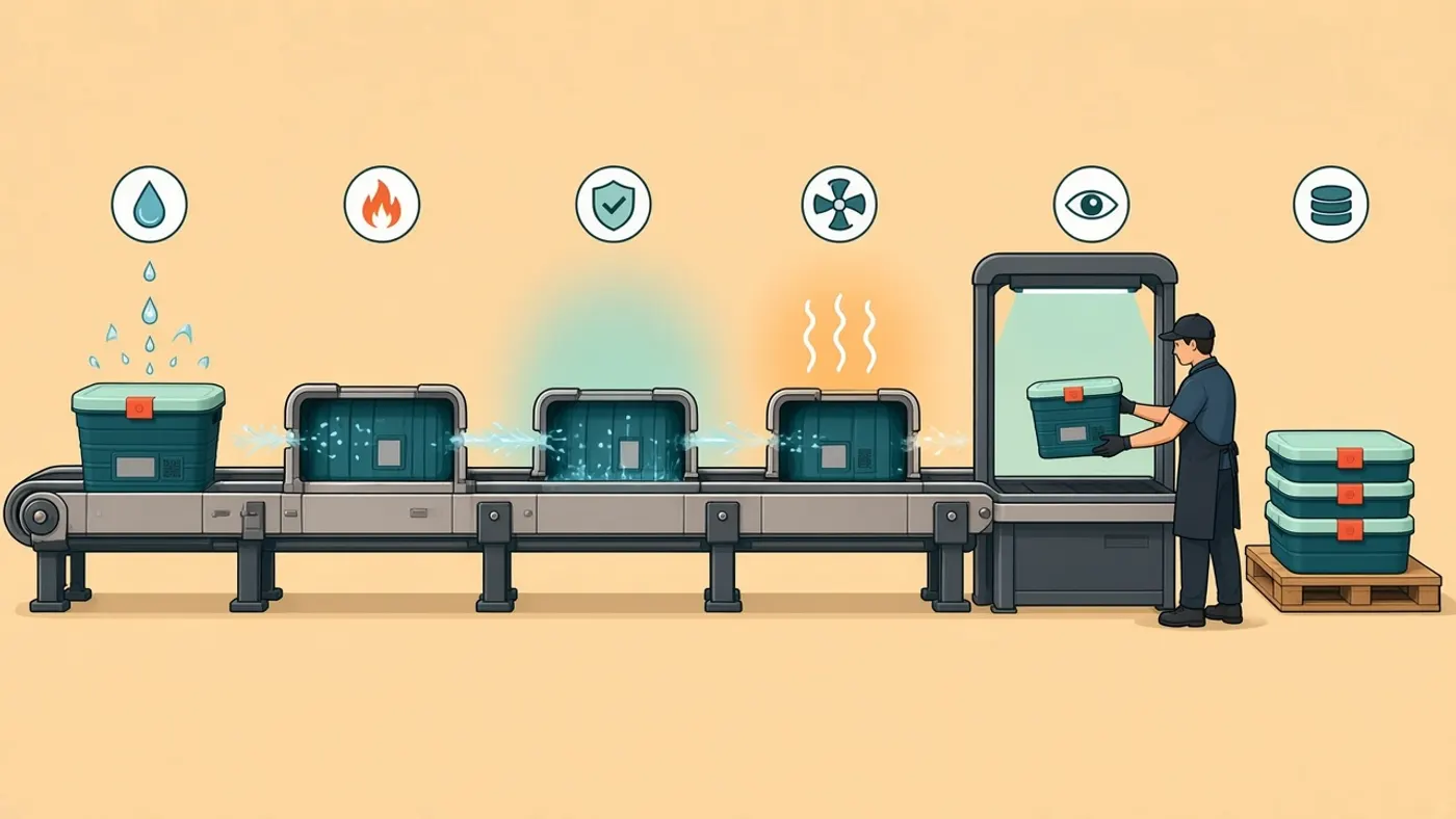 Illustration of a wash line: pre-rinse, hot wash, sanitize, dry, camera and hand inspection, then nested stacks on a pallet.