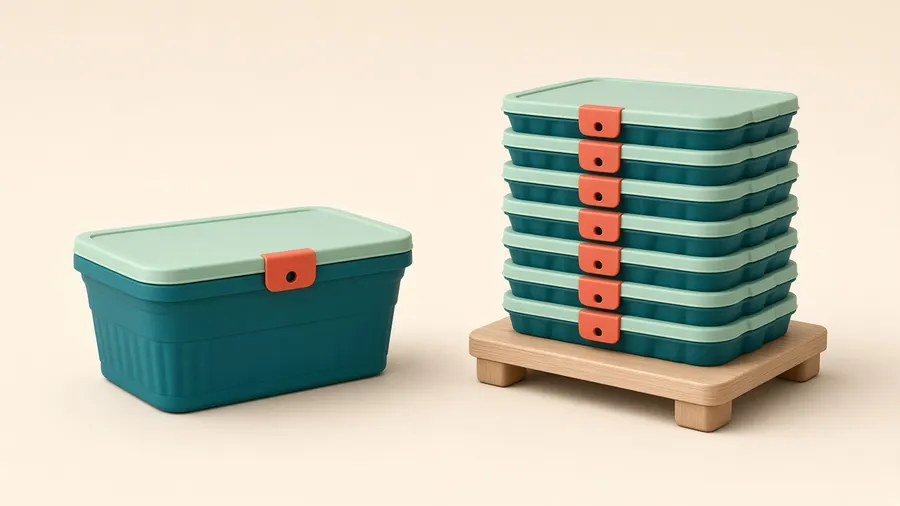 Concept render: one open container beside a tall stack of eight containers folded flat on a small wooden dolly.