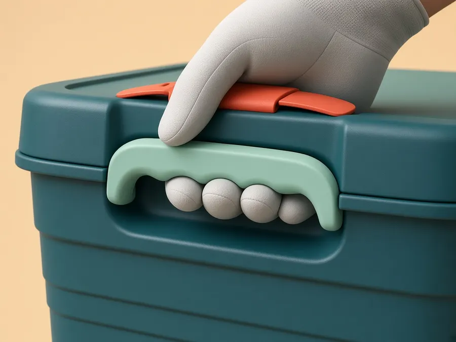 Close-up concept render of a recessed ergonomic grip with a soft-touch mint insert, held by a gloved hand.