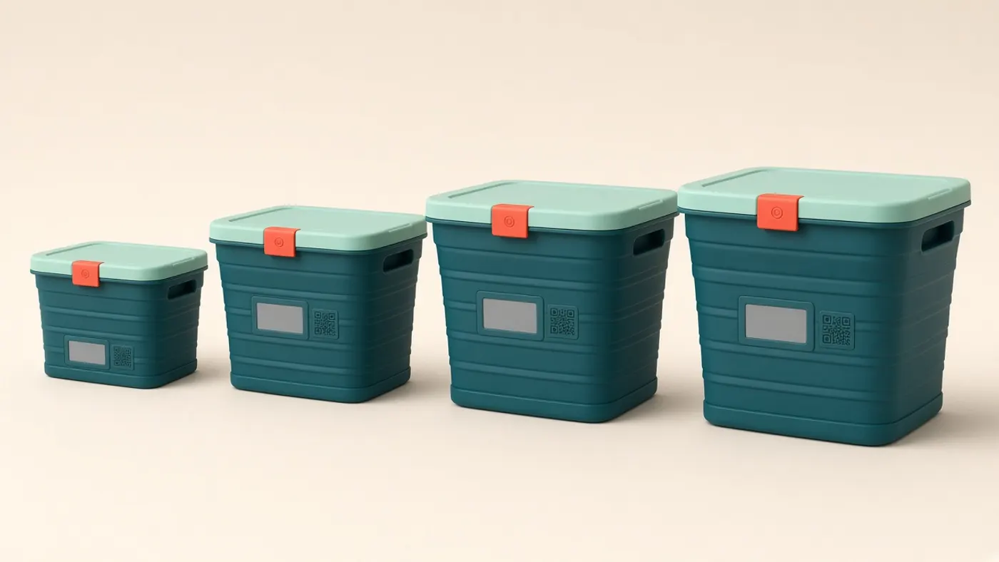 Concept render of four reusable delivery containers in graduated sizes: deep teal bodies, mint lids, coral tamper tabs, label windows and QR patches.