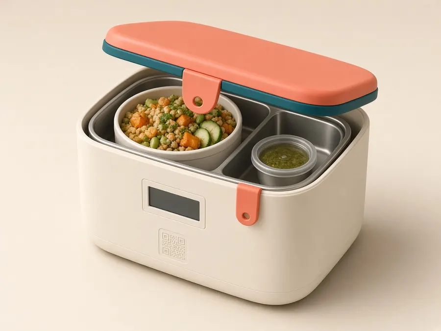 Concept render: insulated food container with coral lid, stainless inner tray holding a grain bowl and a sauce cup.