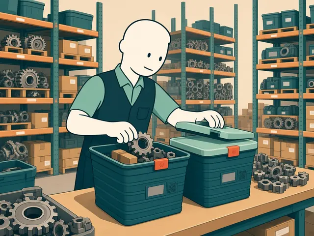 Storyboard panel 1: Pack. The distributor packs parts into pool totes instead of corrugated boxes.