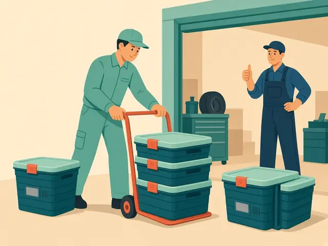Storyboard panel 3: Drop and pick up. Full totes in, empties out, in a single stop.