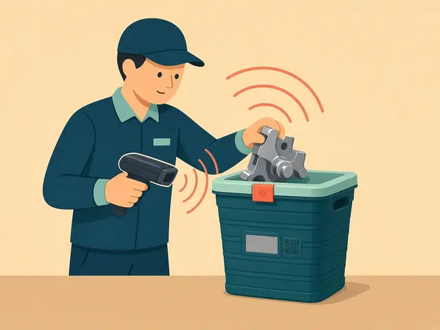 Storyboard panel 4: Scan. Each tote is scanned in and out. RFID can read a whole stack at once.