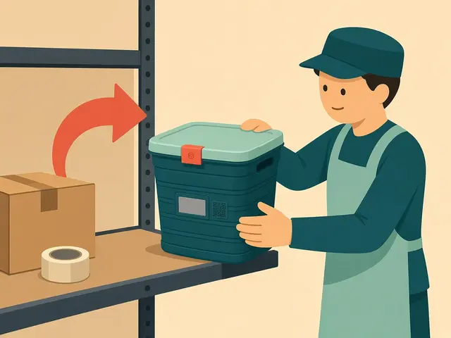 Storyboard panel 6: Reuse. Empties go back on the shelf, and the cardboard box retires.