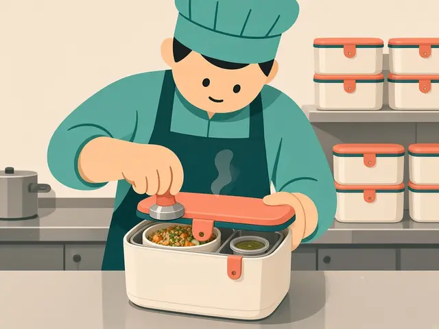 Storyboard panel 1: Pack. The campus kitchen fills a food-pool container and seals it.