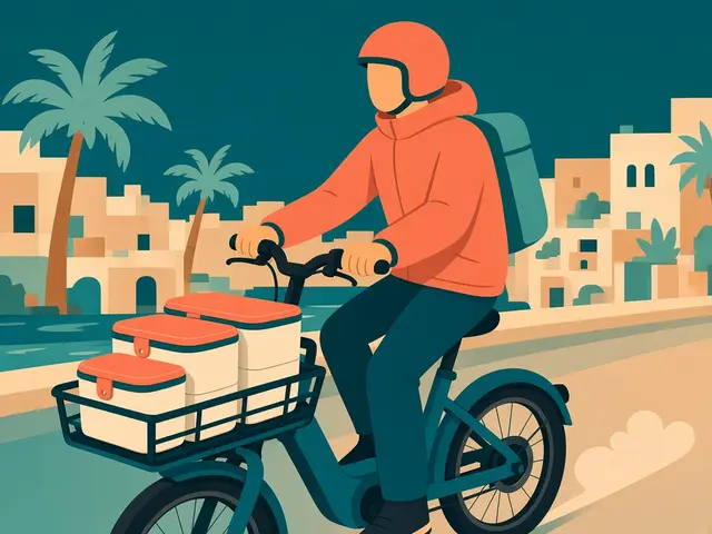 Storyboard panel 2: Deliver. Across campus by e-bike, or picked up at the counter.