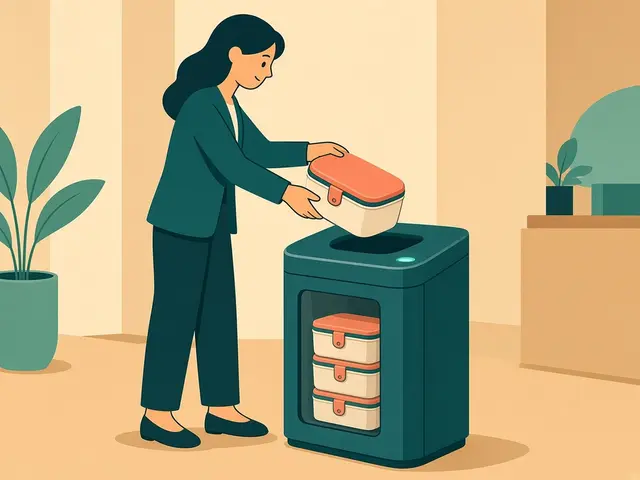 Storyboard panel 4: Return. Drop the empty in an on-site return bin. A scan credits it.
