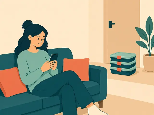 Storyboard panel 1: Order. She picks the SwapTote option. A few nested empties already wait by her door.