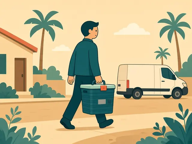 Storyboard panel 3: Deliver. The same driver on the same weekly route carries it in one-handed.