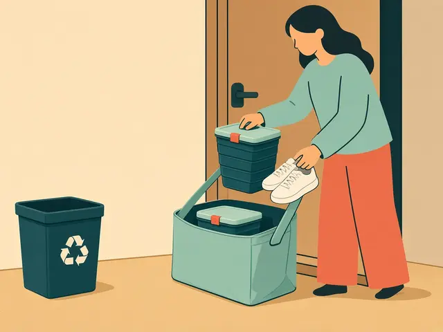 Storyboard panel 6: Nest. Unpack, then fold or nest the empty into the Empties Caddy. Nothing goes in the bin.