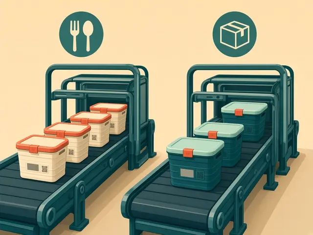 Storyboard panel 3: Sort. Food and parcel pools never mix.