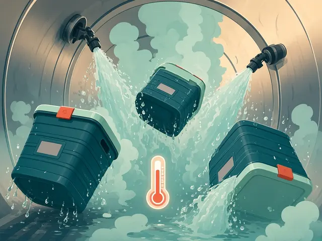 Storyboard panel 4: Clean. Hot wash and sanitize, logged per batch.
