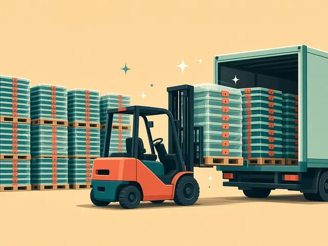Storyboard panel 6: Restock. Clean, nested stock ships out on pallets.