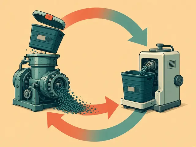 Storyboard panel 8: End of life. Worn shells are reground into new containers.