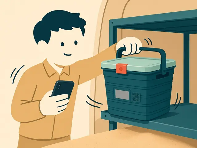 Storyboard panel 1: One-handed grab. A wide top handle lets the courier carry it with one hand.