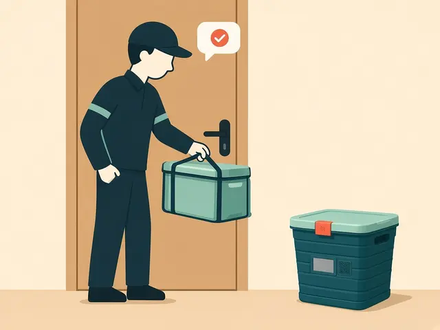 Storyboard panel 5: Nobody home?. The courier swaps at the return bag and the app confirms it.