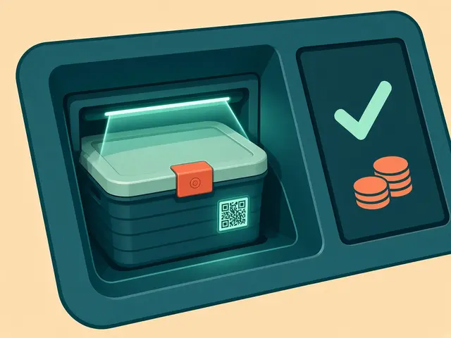 Storyboard panel 3: Verify. The machine reads the container ID and confirms the return.
