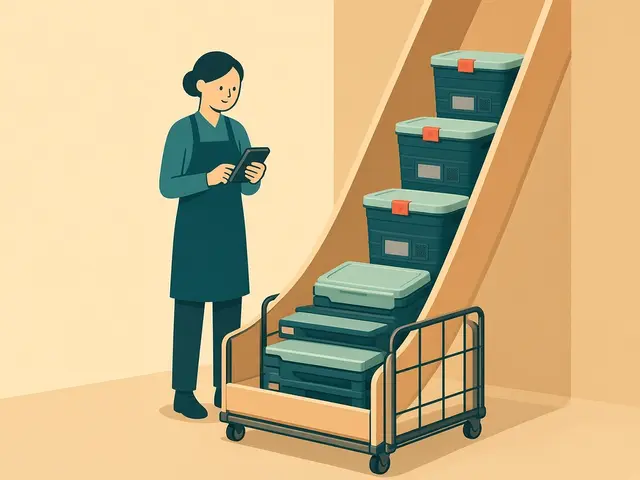 Storyboard panel 5: Collect. Returns stack in a roll cage behind the machine.