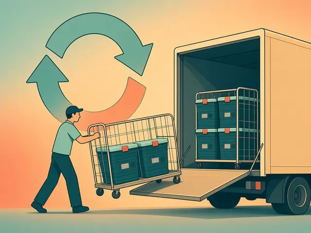 Storyboard panel 6: Backhaul. The truck that drops clean stock takes the empties to the wash.